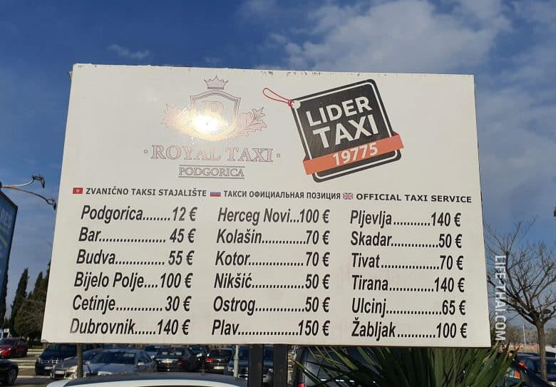 Официальные цены на такси из аэропорта Подгорица