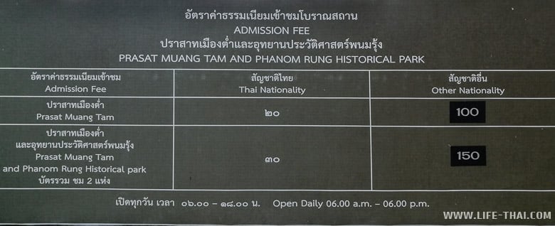 Цены на вход в Prasat Muang Tam в Бурираме