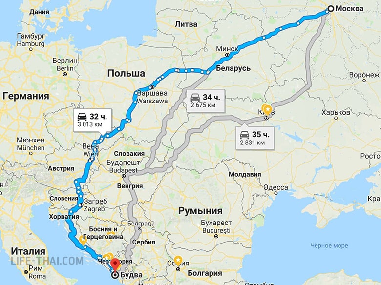 Маршрут поездки в Черногорию из Москвы на своём авто
